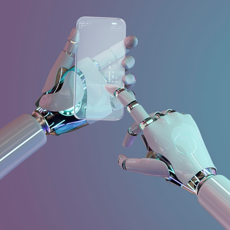 robot hand holding virtual phone